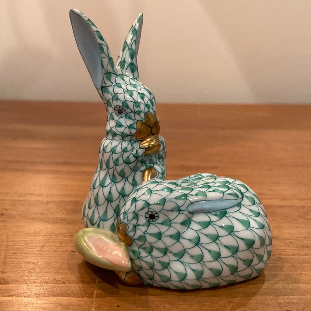 Vintage Green Herend Pair of Rabbits with Corn